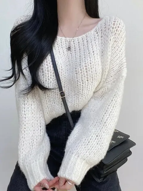 

Chic Autumn Winter Vintage Simple Lazy Overhead oulder Loose Versatile Thi Knit Sweater Long Sve Crew Ne ort Bodycon