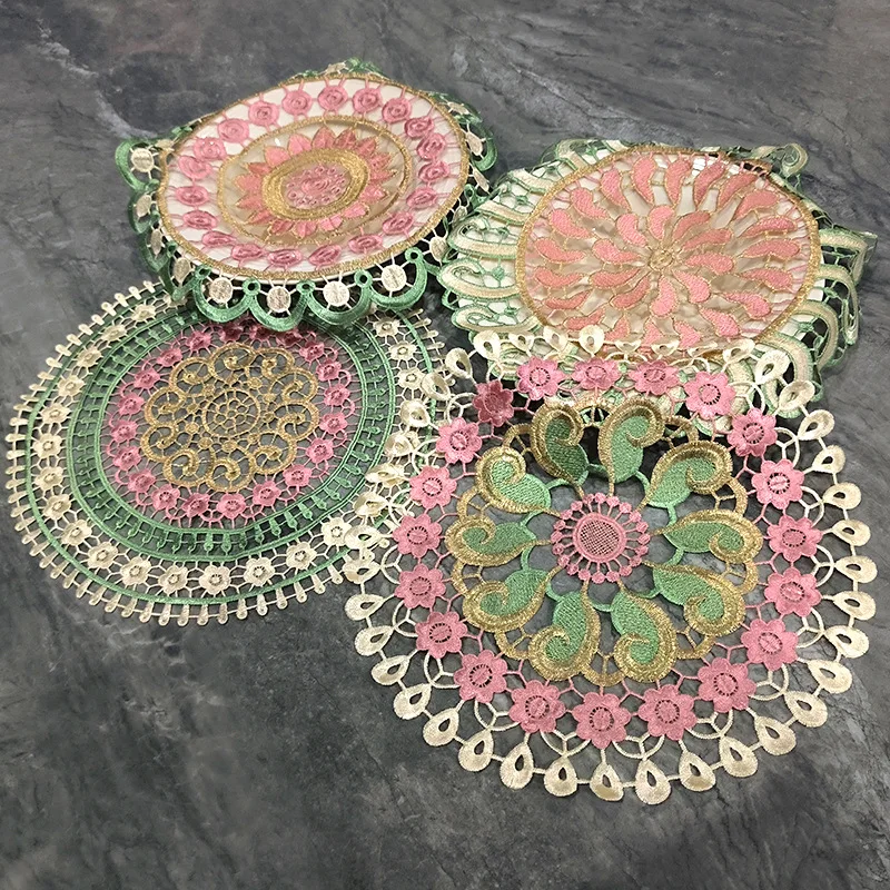 Round Hollow Lace Coaster Embroidery Colorful Flower Placemat Mug Dining Coffee Table Cup Mat Wedding Home Kitchen Decoration