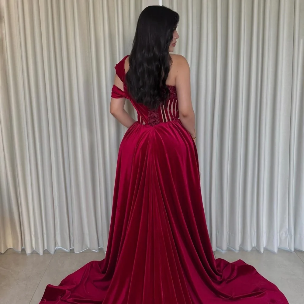 Amanda personalizado vermelho um ombro lantejoulas sem alças robes de soirée fenda lateral vestidos de festa de veludo até o chão vestido de baile 2024