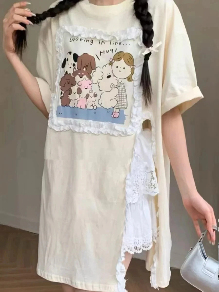 Plus Size Korean Kawaii Cartoon Cute Print Women T-shirt 150KG Lace Flower Side Split Lady Top 2024 New Summer Y2k Harajuku Tee