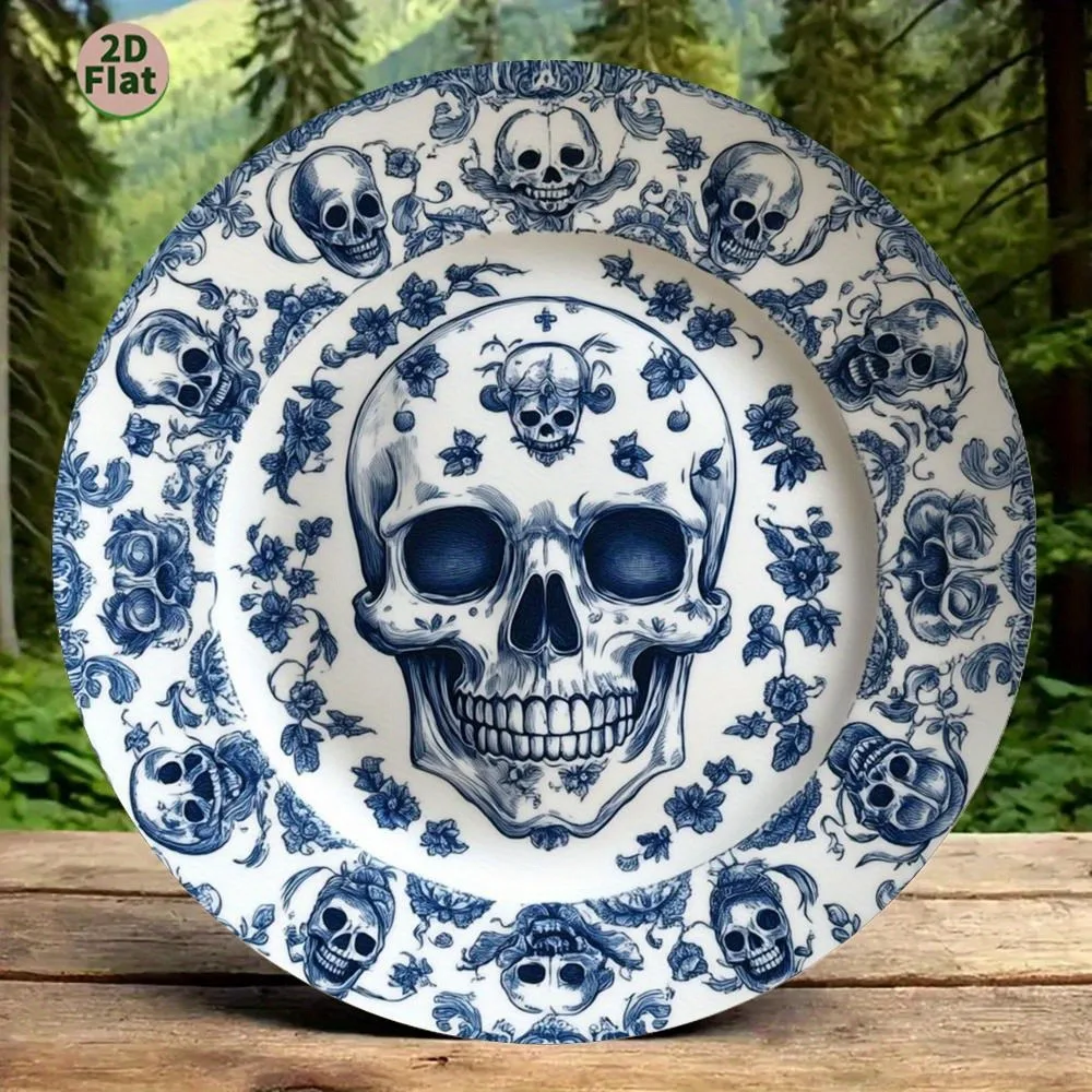 Vintage Blue Porcelain Style Skull Floral Round Metal Tin Sign,Retro  Wall Plaque Decor Gothic Home Bar Living Room Wall Art