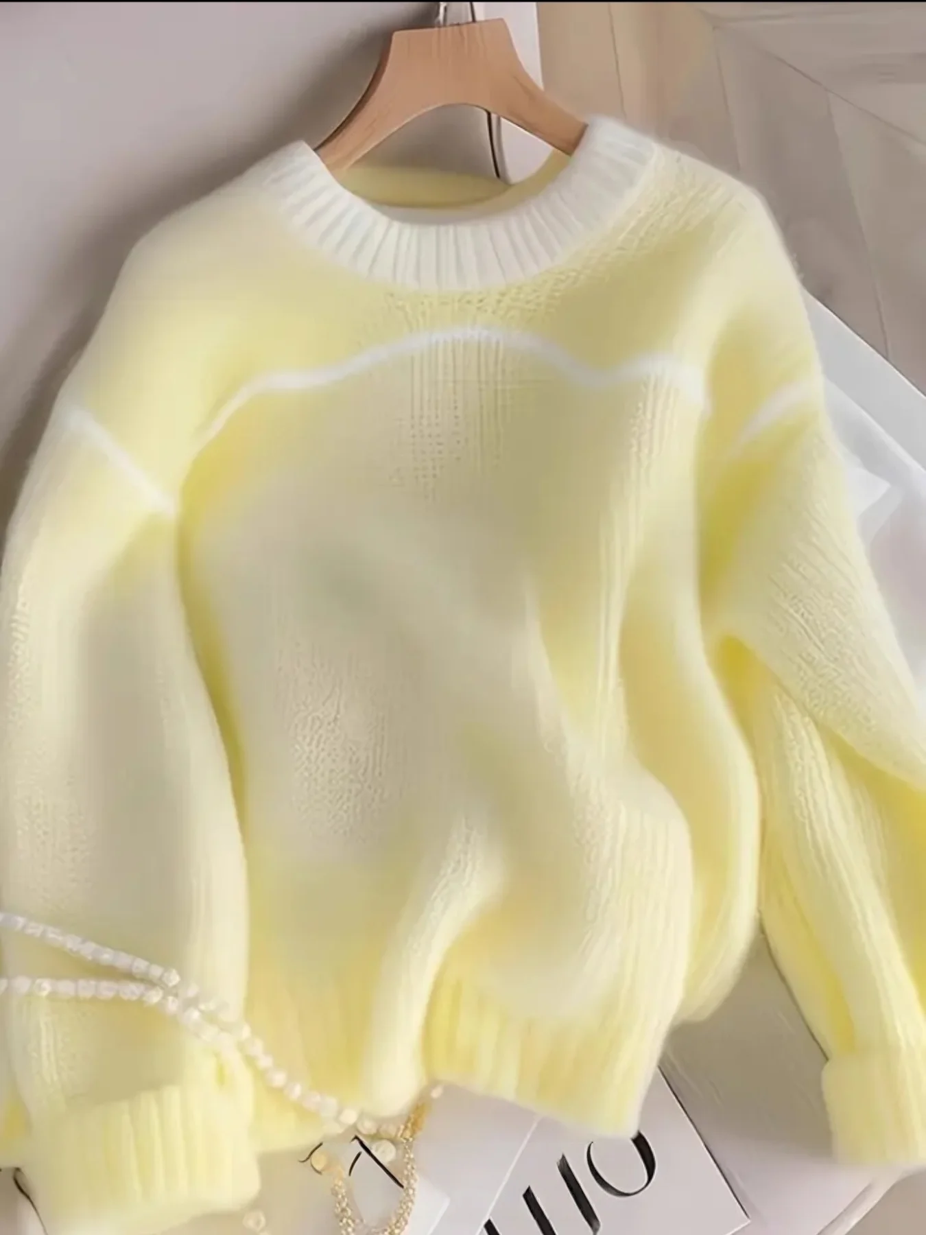 

Ladies Simple Contrast Color Pullover Long Sleeve Sweater Fashion Women's Tops-Hot Wool Soft Knit Long Sleeve Beautiful Ladies W