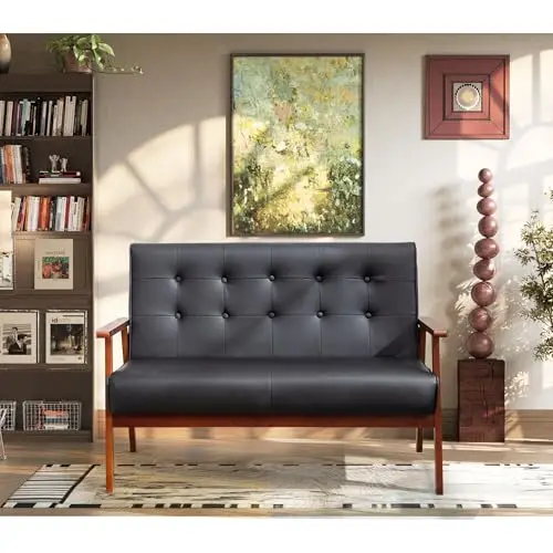 Black Small Leather Couch, 2 Seater Loveseat with Wooden Armrest | , Waiting Room Bench, Mid Century Modern, Living