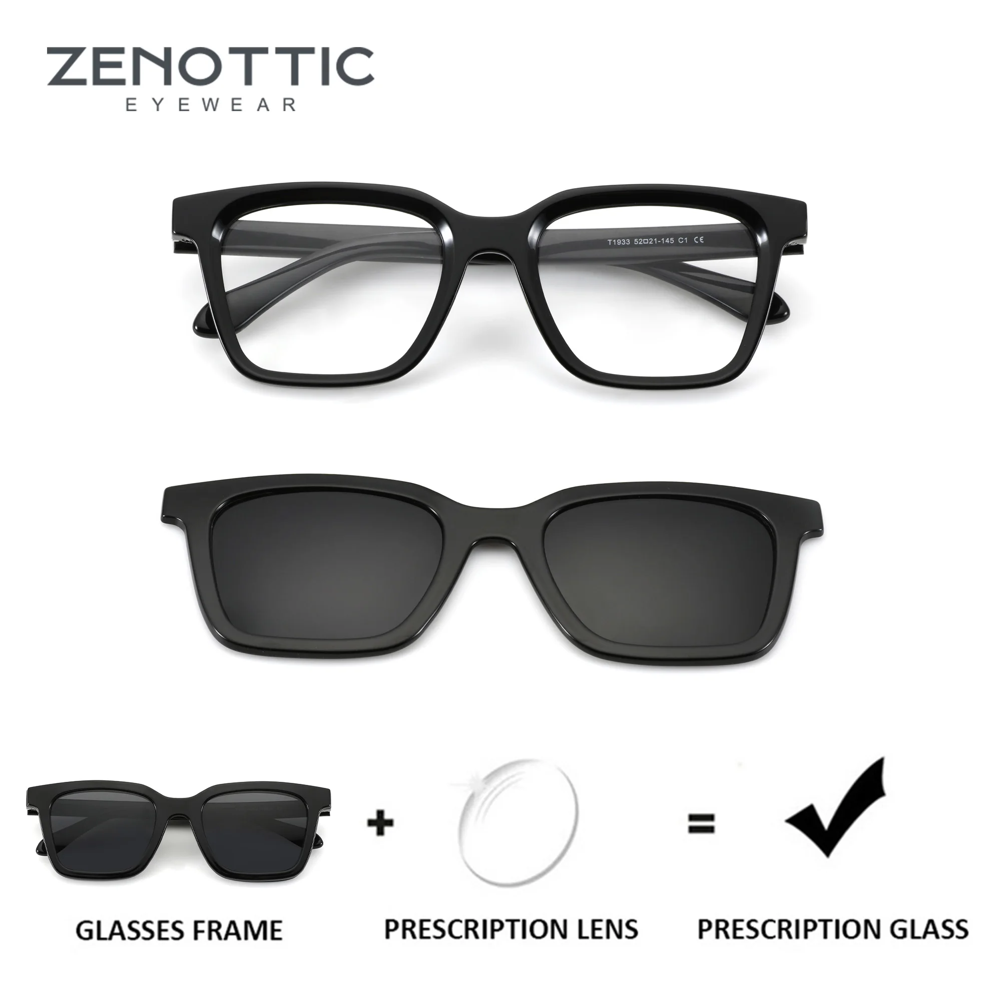 ZENOTTIC Urltra-Light TR90 Prescription Glasses with Magnetic Clip On Polarized Sunglasses Square Optical Eyeglasses Women Men