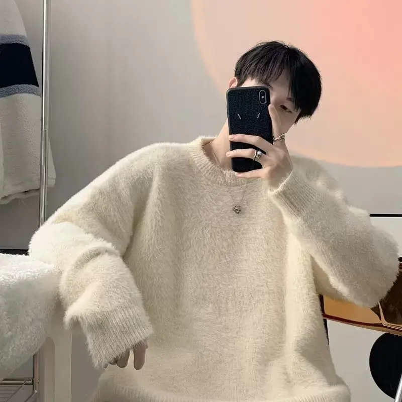 

Однотонный базовый норковый свитер, мужской осенний японский плотный вязаный свитер с круглым вырезом, мужские топы для ленивых пар