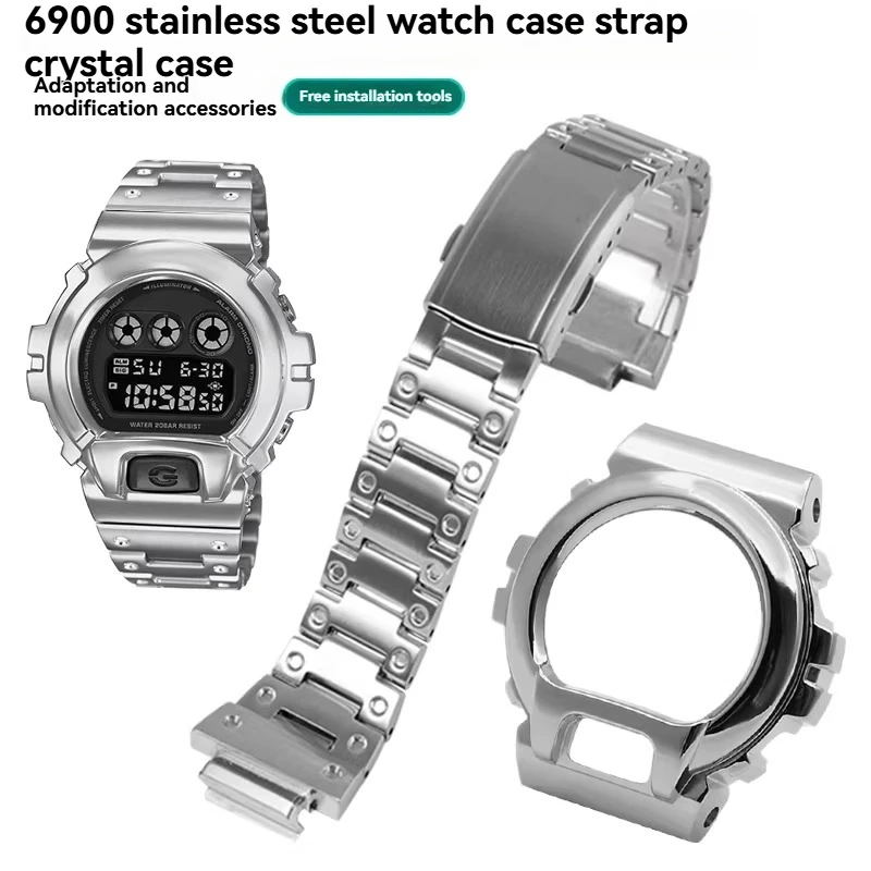 

Metal Case Strap For Casio DW-6900 Modified 316L Stainless Steel Case with Diamond Set Bracelet Rainbow Color Watch Strap