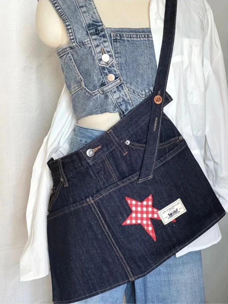 حزام نسائي من قماش الدنيم المغسول بتصميم عتيق - تنورة مريلة مكونة من 5 جيوب مع زينة على شكل نجمة متباينة |   Y2K ملابس الشارع والطبقات الأساسية