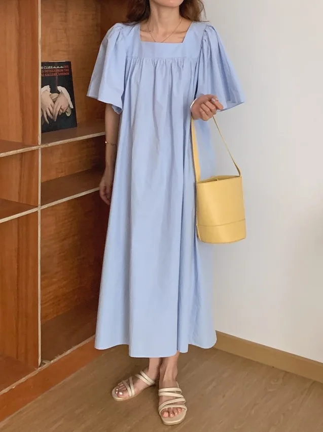 

Ele Summer Simple Chic Square Collar Loose Long Skirt Sle Dr Women's ort Sve Casual Flng Sve Dr