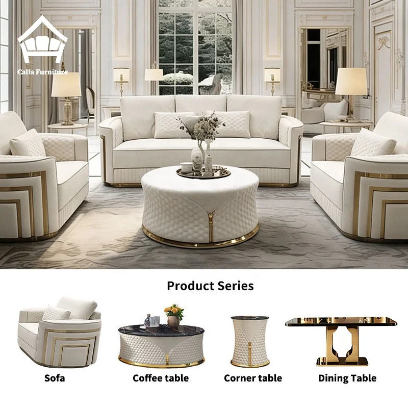 Popular luxury sofa living room set, leather white combined sofa 1 + 2 + 3 combined sofa, one-stop furniture solution for villa