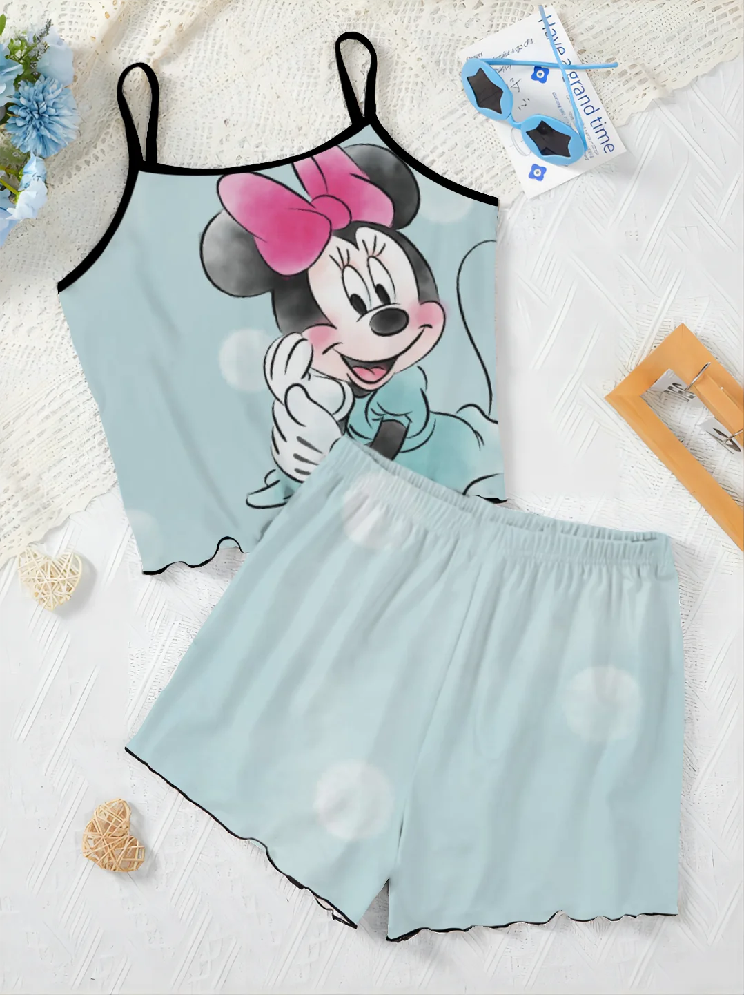 Conjunto elegante de Disney para mujer, Top con falda de pijama con ribete de lechuga, camiseta de Mickey y Minnie Mouse, traje corto