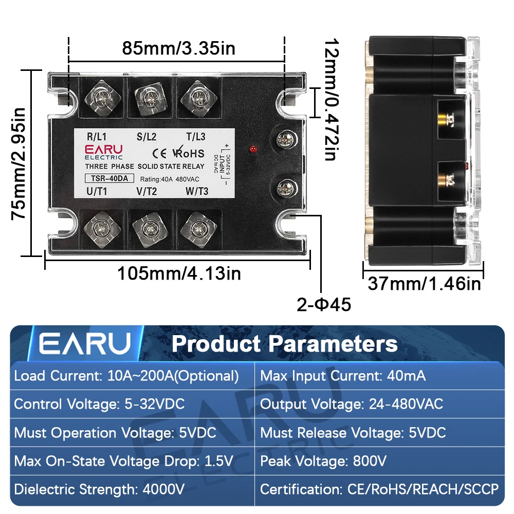 EARU Three Phase Solid State Relay Module SSR TSR-40DA 40A 60A 80A 100A 150A 200A DC Control AC 5-32VDC to 24-480VAC Heat Sink