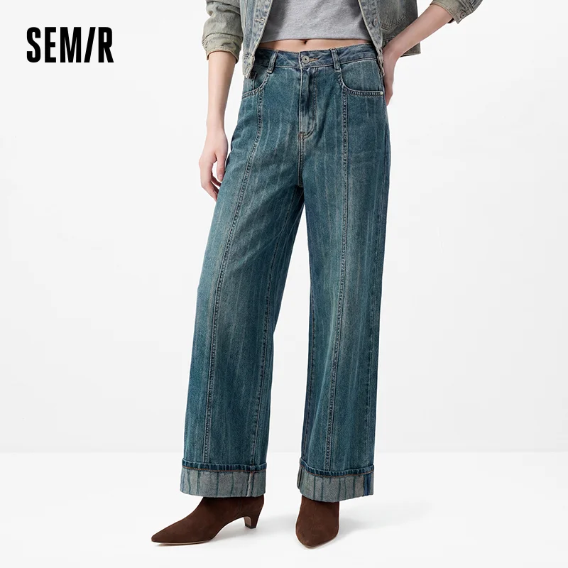 Semir Women Jeans Cuffed Split Wide Leg Loose Long Leg Look 2026 Autumn Street Style Soft Casual Denim Pants Daily Wear