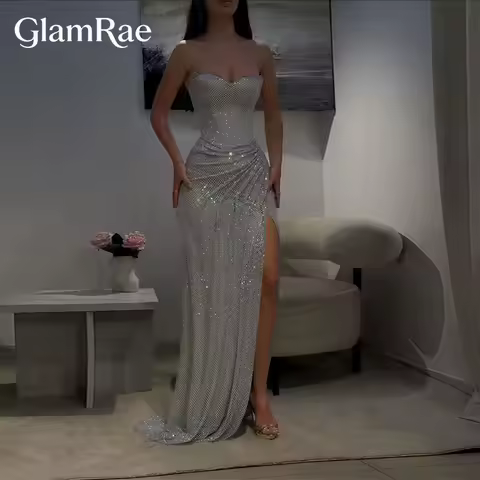 GlamRae Strapless Mermaid Prom Dresses 2025 Sleeveless Sequins Evening Dresses Elegant Side High Split Party Dress Customized