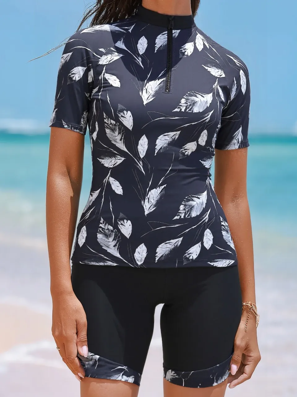 

2025 Sexy Short Sleeve Tankini Leaf Printed Swimsuit Women Two Pieces Zipper Swimwear Female Bathing Swimming Suit Beachwear