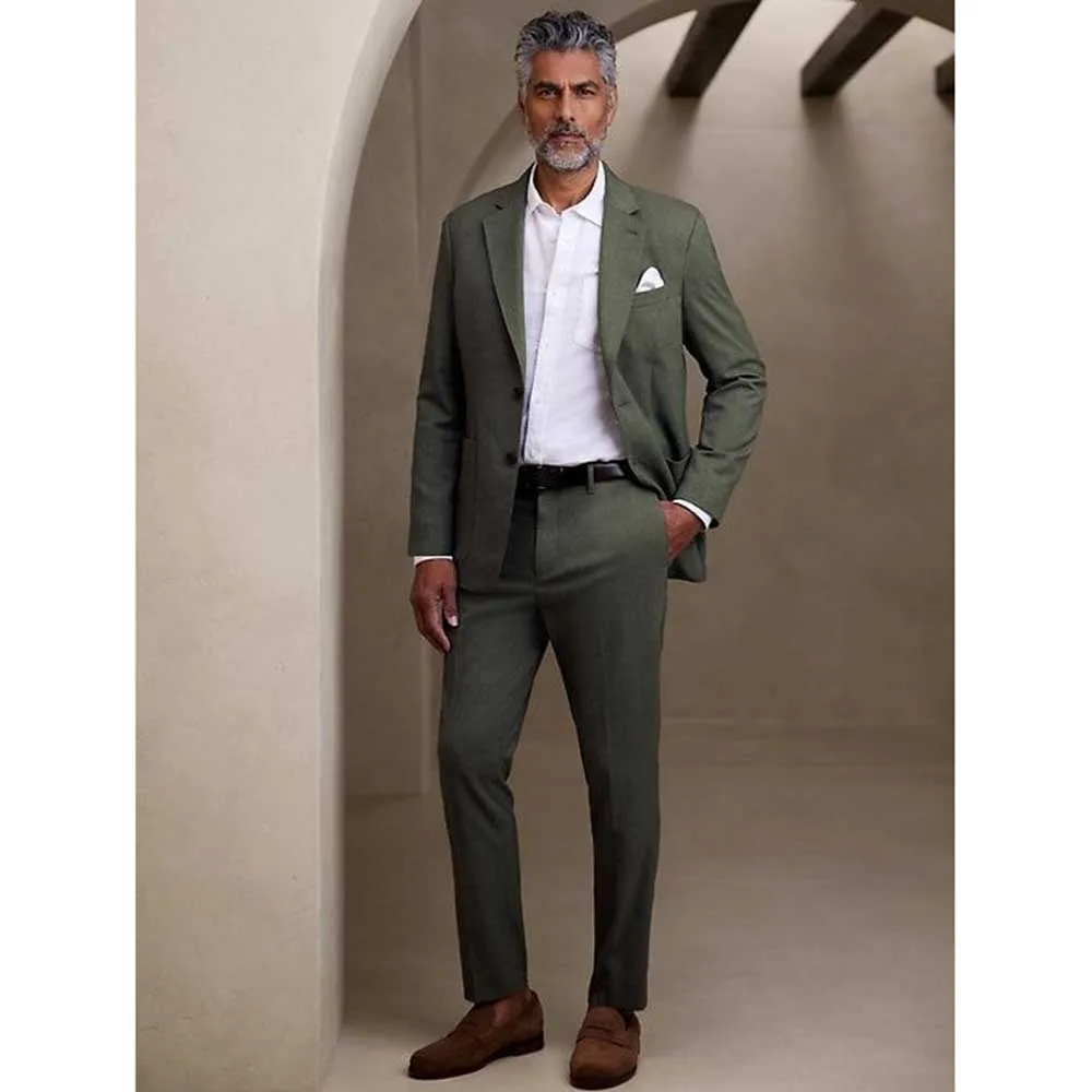 Trajes verdes elegantes para hombre, chaqueta de 2 piezas con un solo pecho, pantalones, ropa masculina, conjuntos de Blazers formales de negocios ajustados para caballero