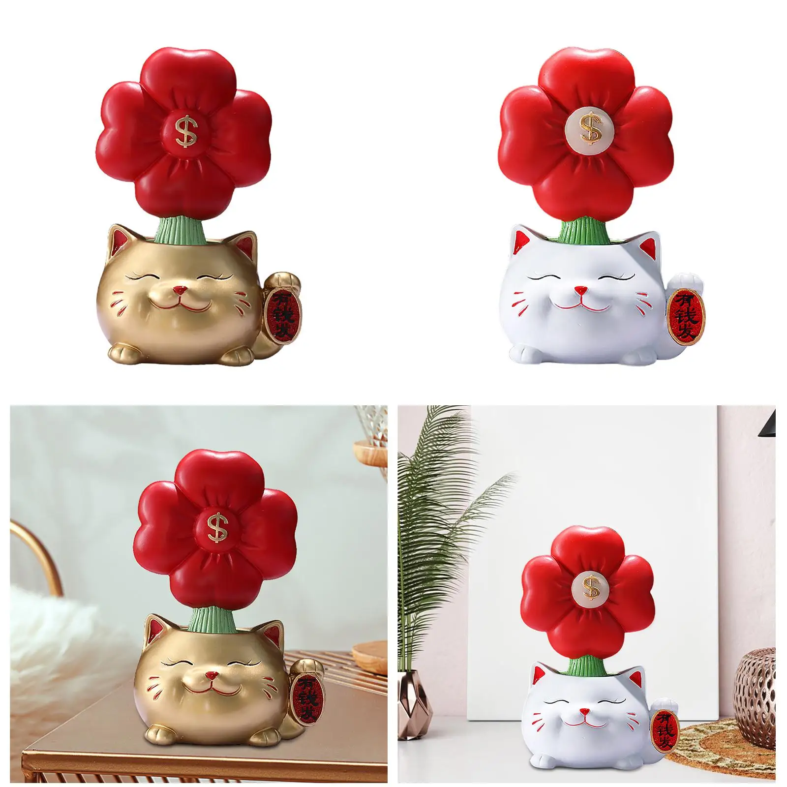 Estatuilla de gato de la suerte con decoración de flores Feng Shui para oficina, entrada, Hotel