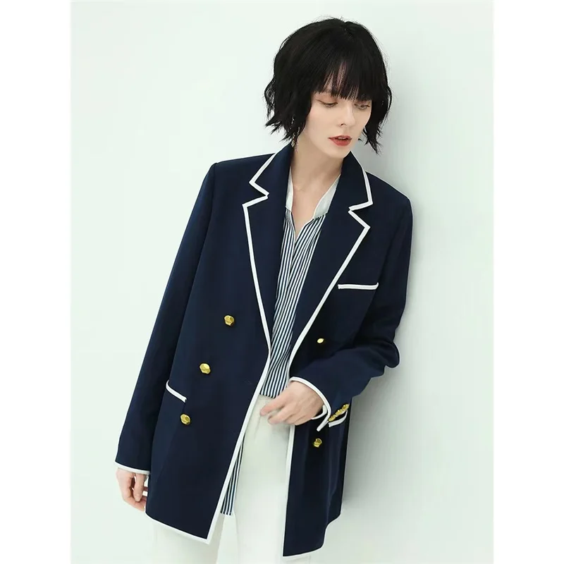 Frühling 2023 Frauen Anzug Blazer 1 Pcs Baumwolle Metall Taste Jacke Mantel Formalen Patchwork Farbe Büro Dame Tailored Женский костюм