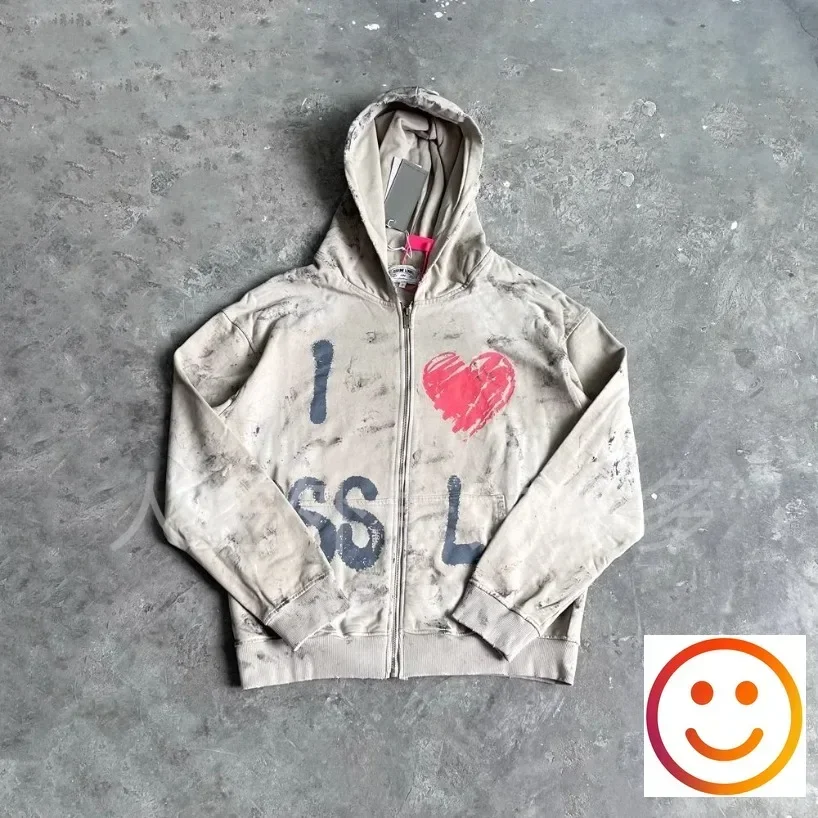 High Street SSSAINT LOUIS Graffiti Pattern Zipper Hoodie Men Women Vintage Washed Hold Damaged Red Heart Print Graphic Jackets