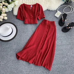 2023 Autumn New Women Two Piece Set Sexy Outfits Woman Clothes Fashion V Neck Crop Top + Slim A-line Long Skirts Suits 2 Pc Sets