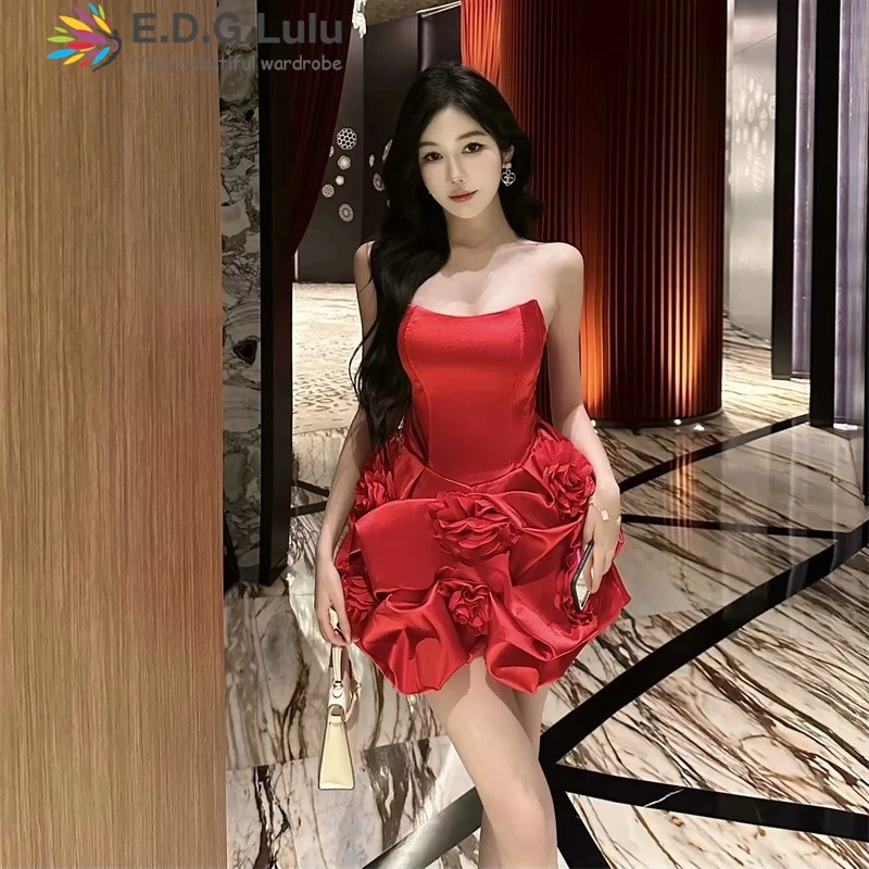 EDGLuLu Fashion Sexy Sleeveless Strapless Party Dress For Women Design Three-Dimensional Flowers Mini Red Satin Dresss New 1210