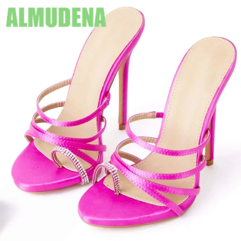 

Round Toe Strap Rhinestone Sandals Rose Red Simple Clip Toe Slim High Heels Elegant Banquet Party Outfit Fashionable Slippers
