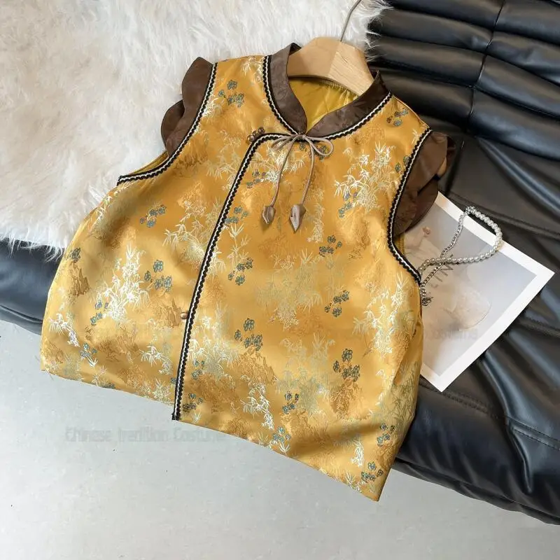 

Новинка 2026: Атласный топ-ципао без рукавов в китайском стиле, элегантная женская жаккардовая жилетка-рубашка в стиле Тан
