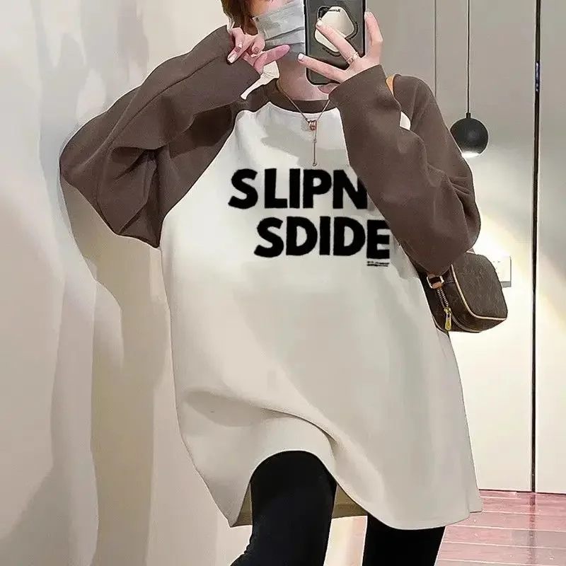 

Oversized Autumn Winter Casual Korean Patchwork O-neck Long Sleeve T-Shirts Women Clothing Simplicity Letter New Mid Length Top