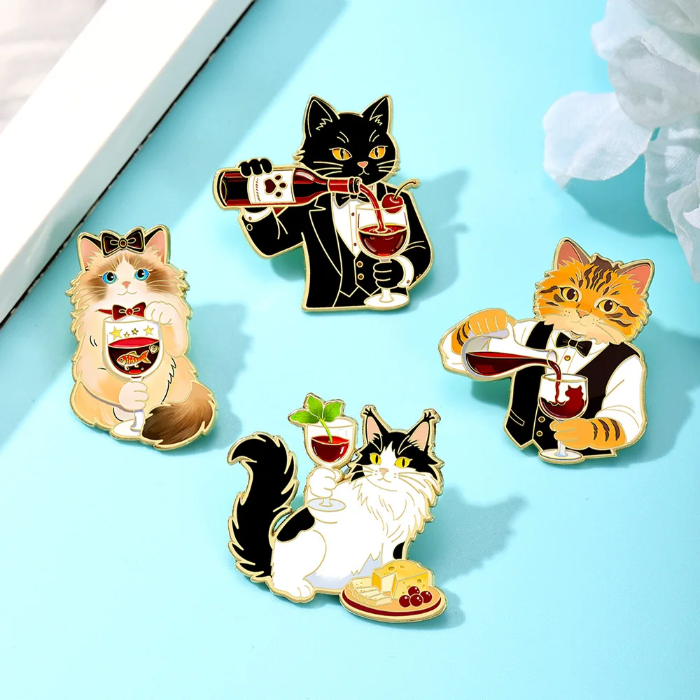 Cute Wine Cat Enamel Pins 4Pcs Set Funny Waiter Kitten Brooches Lapel Badges For Backpack Jewelry Gift