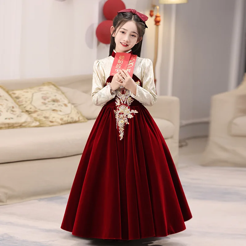2026 Red Girls Party Dress Kids Birthday Princess Gown Chinese Style Children Host Flower Girl Wedding Piano Performance Outfit