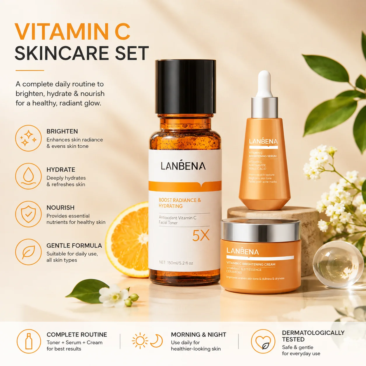 LANBENA VC Toner Essenz Creme Aufhellend und Feuchtigkeitsspendend 3-teiliges Set – Detail 1