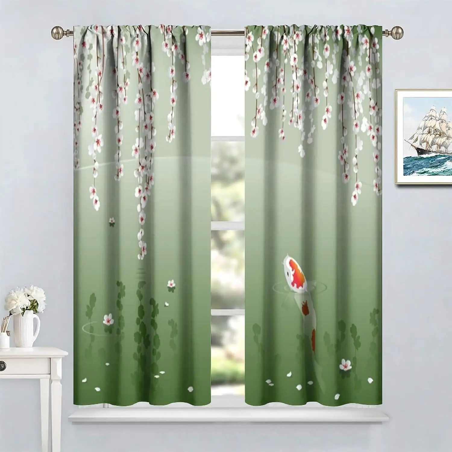 Koi Curtain Japanese Koi Lake Reflection Hanging Cherry Blossom Floating Leaf Pattern Printed Curtain Kitchen Decor Curtain
