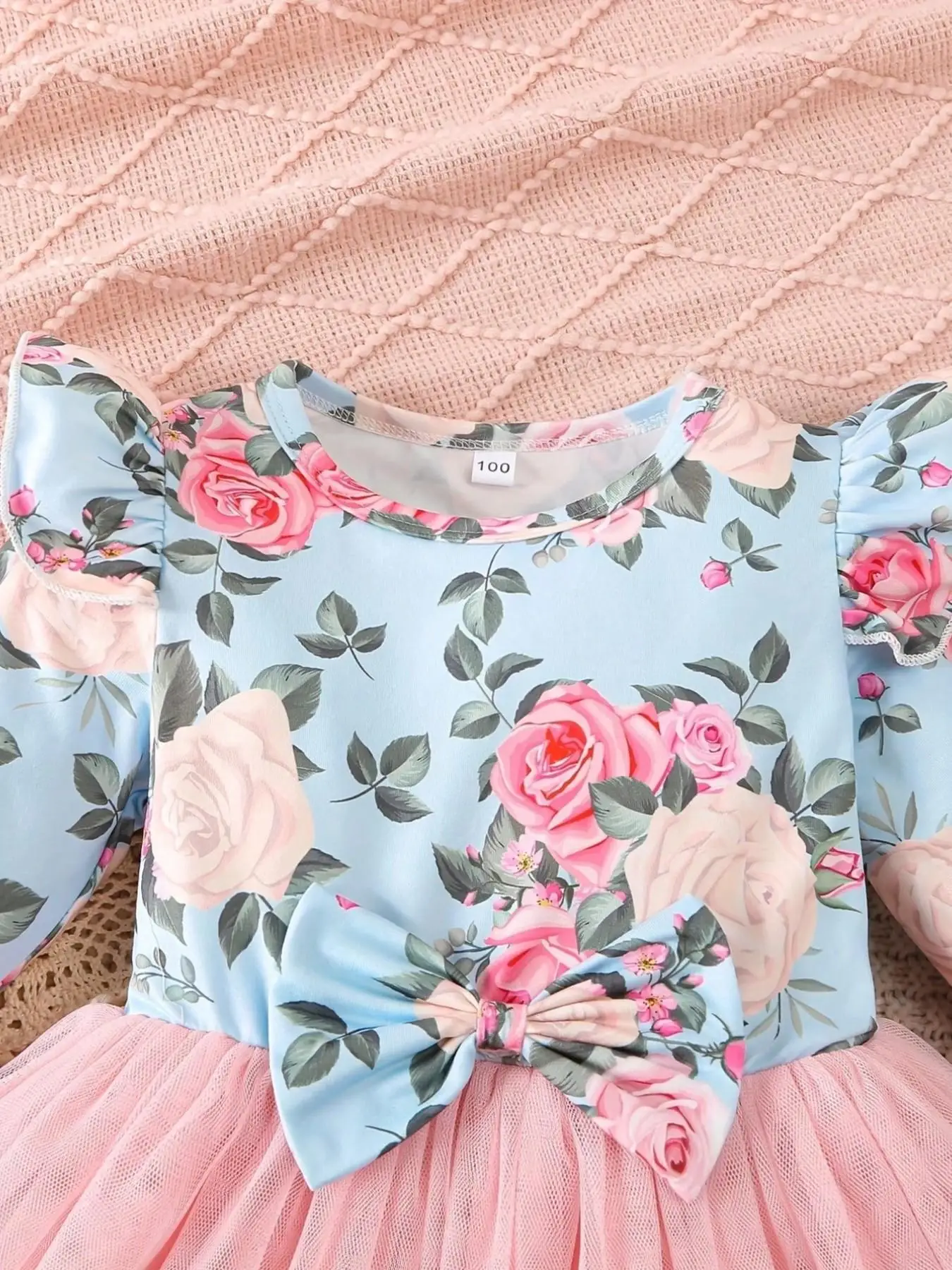 Kinder Vintage Blumen-Tutu-Kleid Langarm Hellblaues Oberteil Tüllrock Große Schleife an der Taille Bequeme Passform Alltagskleidung – Detail 5