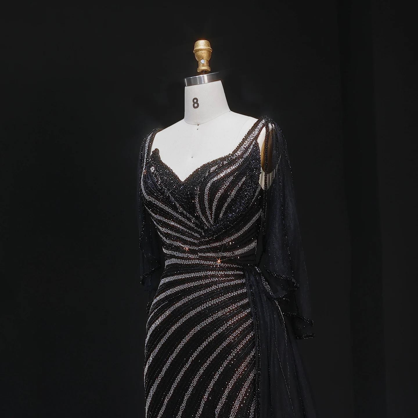 Sharon Said Luxuriöses Schwarzes Abendkleid, Lang, Perlenbesetzt, V-Ausschnitt, Cape-Ärmel, Elegante Ballkleider, Hochzeitsfeier, Damen, SS063, Maßanfertigung – Detail 8