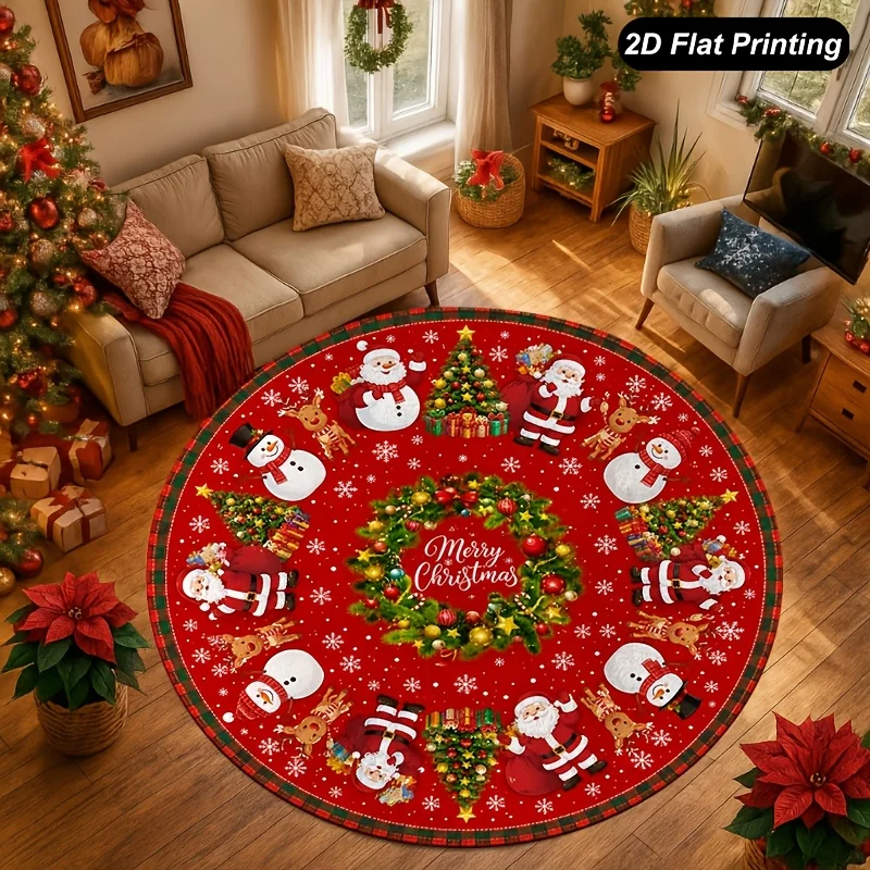 Red Full Print Santa Snowman Carpet For Festive Family Gathering Cheerful Xmas Scene Warm Decorative Round Rug