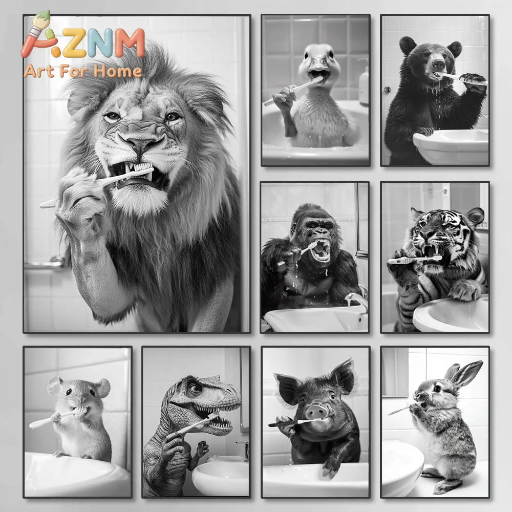 Black White Funny Bathroom Brushing Teeth Poster Vintage Style Animal Canvas Painting Print Wall Art Picture for Home Decoration