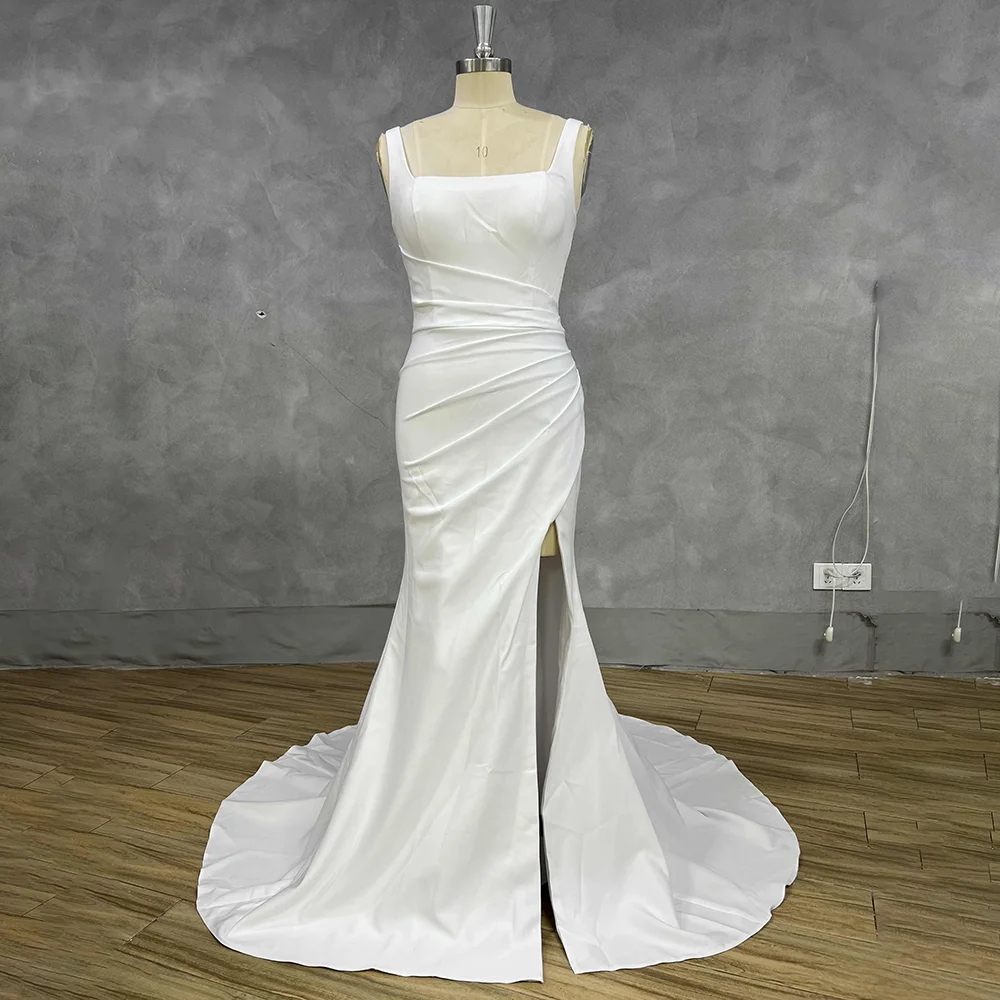 Square Neck Satin Mermaid Wedding Dress Spaghetti Strap Back High Slit Sweep Train Simple Custom Bridal Gown Vestido De Noiva image 5
