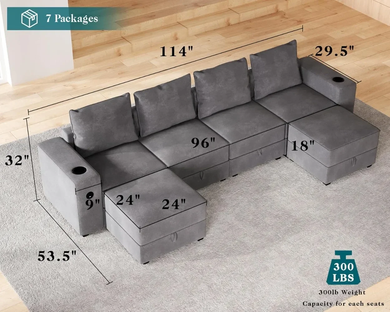 Sectional Sofa with 2 USB Ports & Cup Holders 6 Seats U Shaped Couch with Storage 6 Pieces Set Sectional Couch Gray Sofa Couch