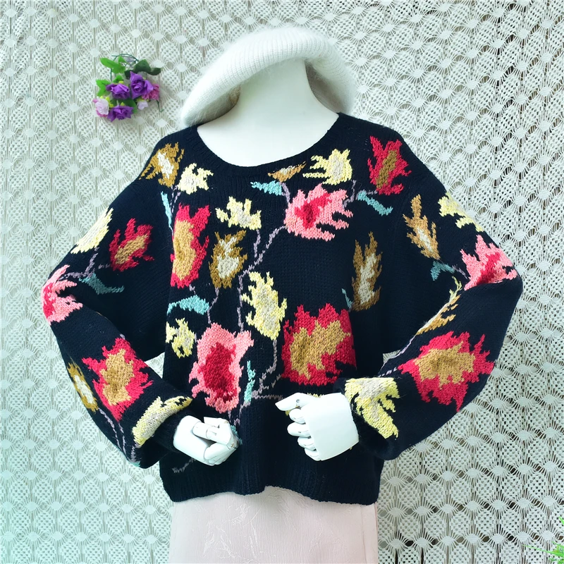 100% Wool Ladies Women Autumn Winter Clothing Warm Flower Crochet O-Neck Long Sleeves Loose Pullover Sweater Jumper Pull Tops