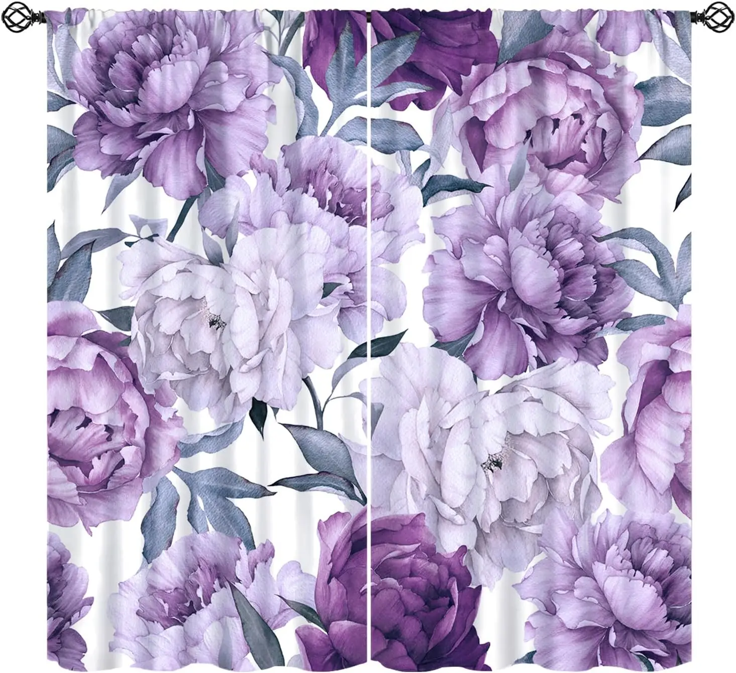 Purple Peonies Floral Window Curtains,Flower Bloom Beautiful Elegant Lilac Wildflowers Plants Window Treatments Drapes Living