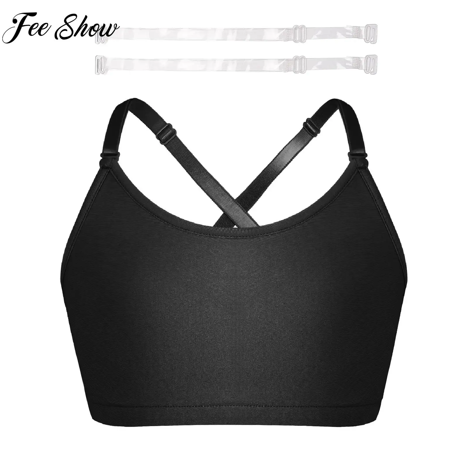 

Girls Quick Drying Dance Sports Bra Solid Color Athletic Gymnastics Vest with Adjustable Replace Transparent Shoulder Straps