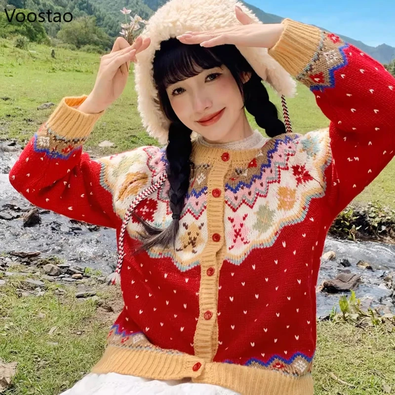 

Vintage Kawaii Christmas New Year Red Sweaters Women Sweet Cartoon Jacquard Knitted Cardigans Girls Harajuku Y2k Knitwear Tops
