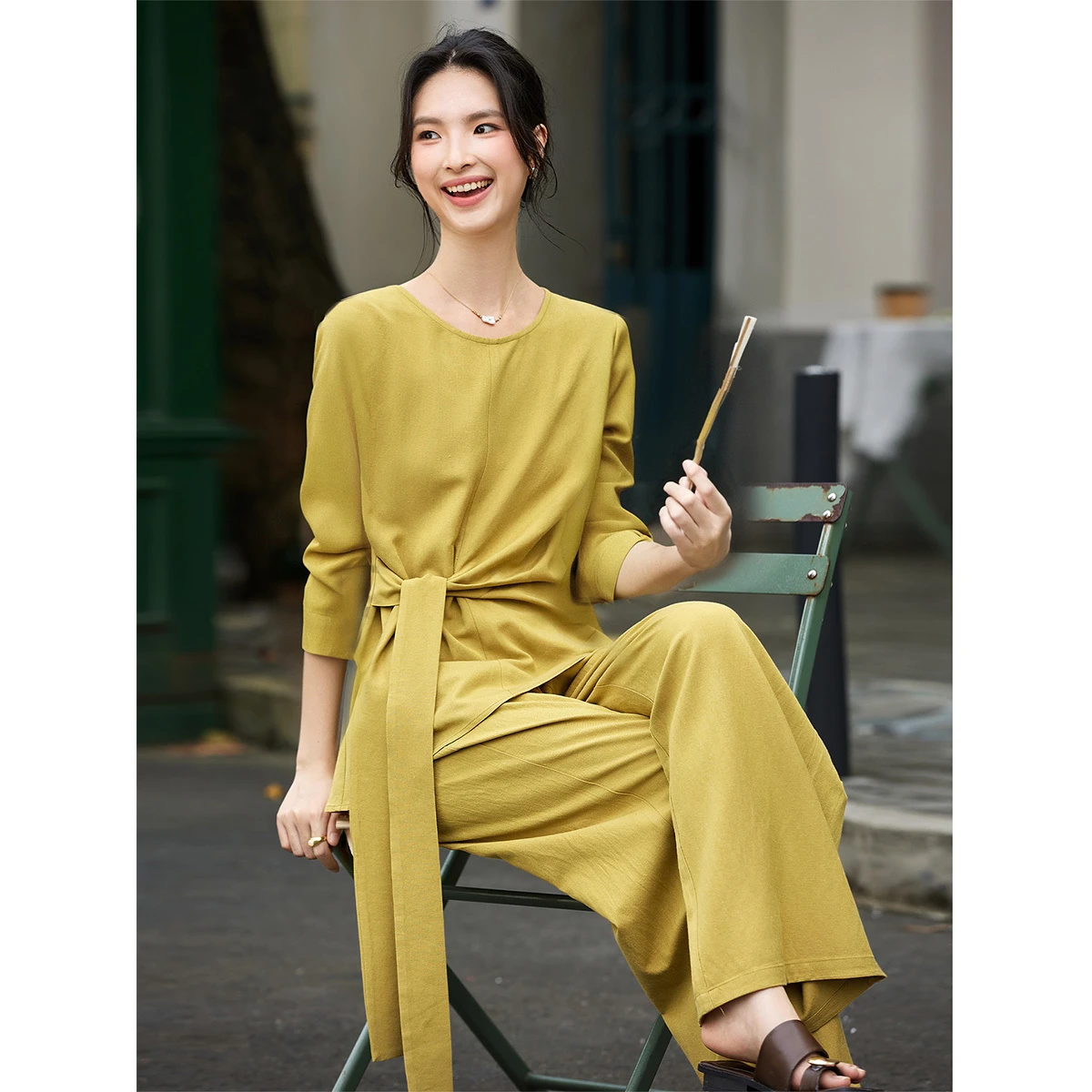 VIMLY Set di pantaloni da pendolare casual da donna Autunno Nuovo set di due pezzi solido Tie-frente Manica lunga O-Collo Top Pantaloni a gamba larga Set A2900