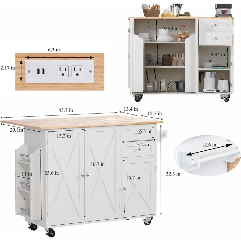جزيرة مطبخ 50.4 مع أوراق شجر متدلية ومخرج طاقة، عربة جزيرة دوارة للمزرعة مع 3 أرفف توابل على عجلات، موبيل