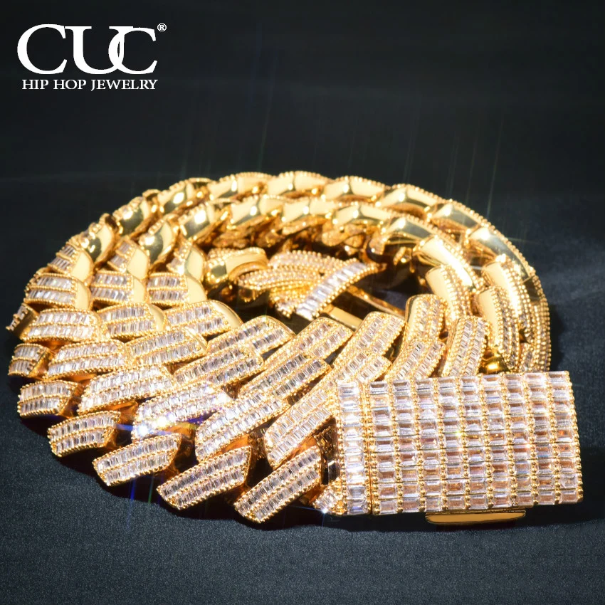 CUC 20mm 2 row Baugette Cuban Chain Men's Hip Hop Necklace Thick Heavy Miami Link Gold Silver Color Bling Zirconia Rock Jewelry