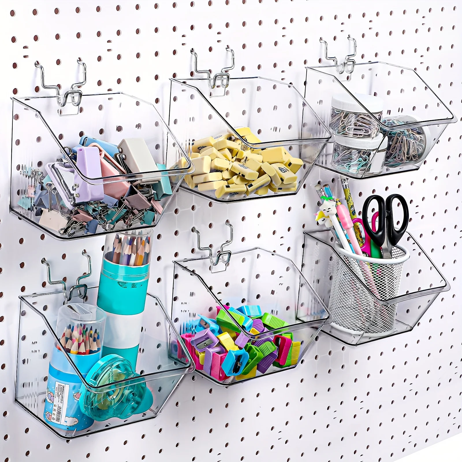 

6pcs Clear Plastic Pegboard Bins with Hooks - Wall-Mounted Multi-Purpose Storage Containers for School, Office, Garage, Worksho