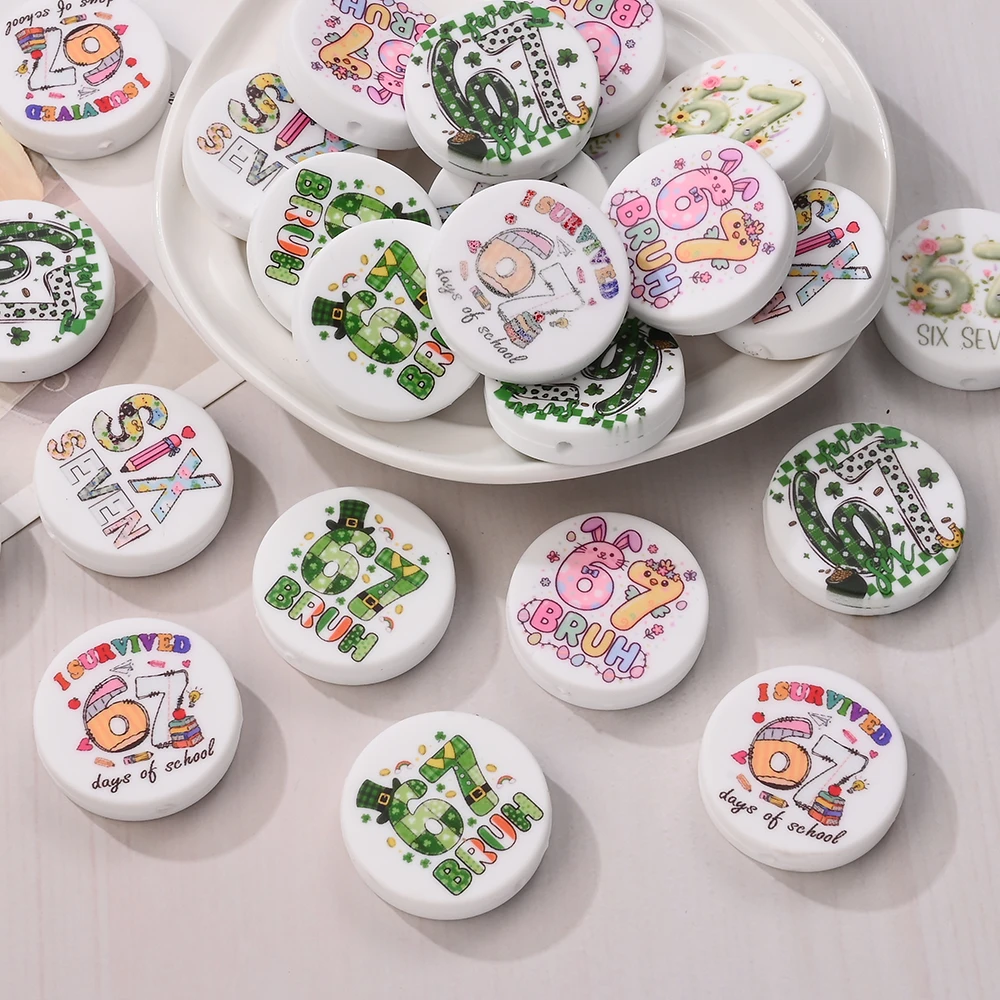 

6Pcs 28mm Silicone Numbers 67 Round Flat Color Beads Printed Teether Beads for DIY Nipple Chains Necklaces Bracelet Accessories