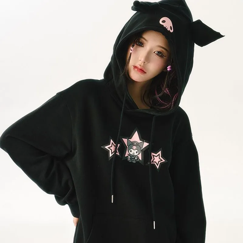 Sanrioed Kuromi Hooded Sweatshirt Cartoon Hoodie Casual Loose Printed Girl Autumn Harajuku Tops Thickened Warmth Women's Clothes