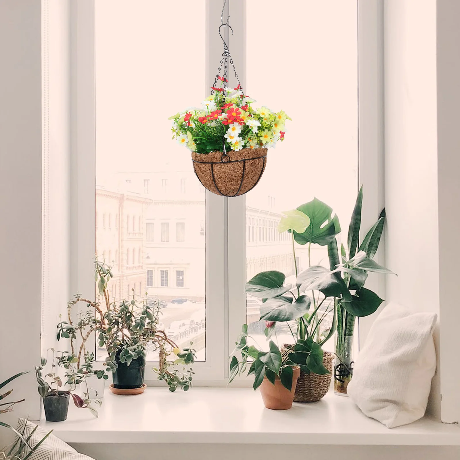 

Coconut Fiber Hanging Basket With Artificial Flowers Decorative Planter For Garden Yard Balcony Indoor Outdoor Home