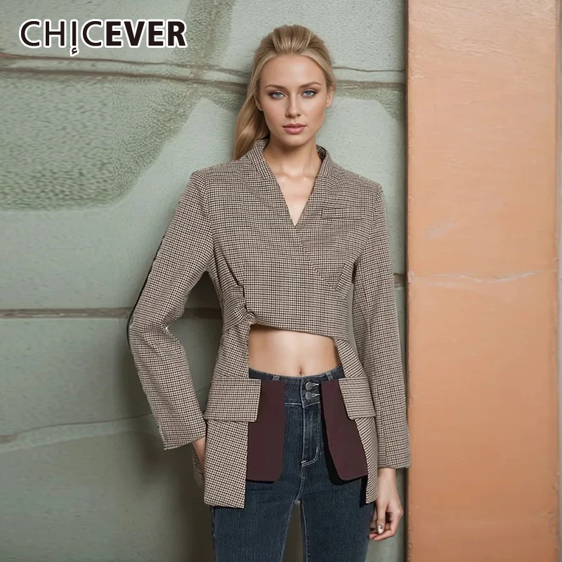 

CHICEVER Colorblock Plaid Casual Blazers For Women V Neck Long Sleeve Irregular Hem Spliced Lace Up Blazer Female Clothing New