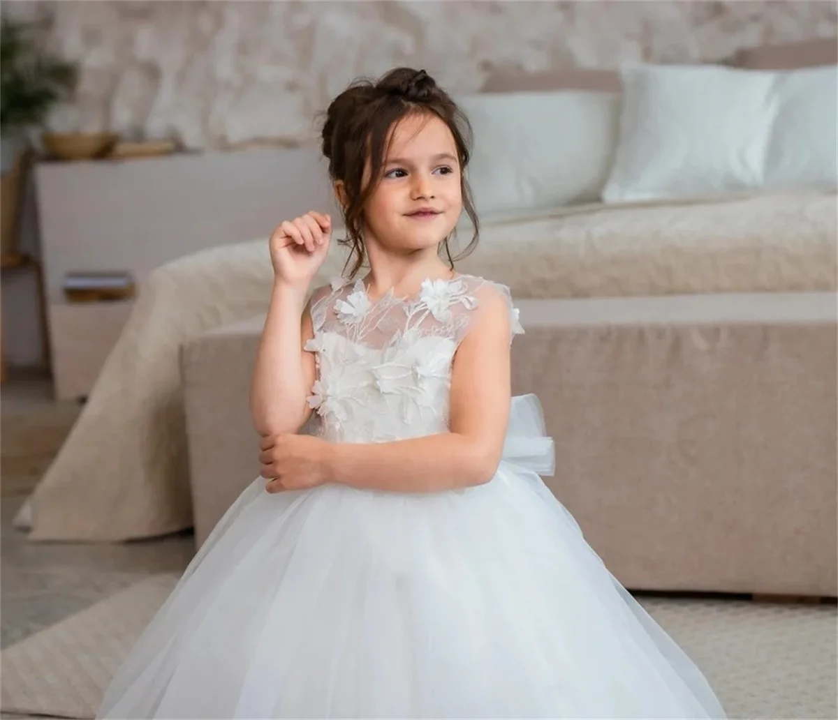 Ivory White Flower Girl Dress Tulle Puffy Detactable Tail Sticker For Wedding Cute Princess Kids First Communion Birthday Dress